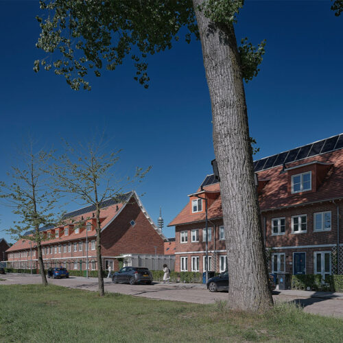 Zicht op nieuwbouwwoningen De Wielewaal vanaf straatniveau